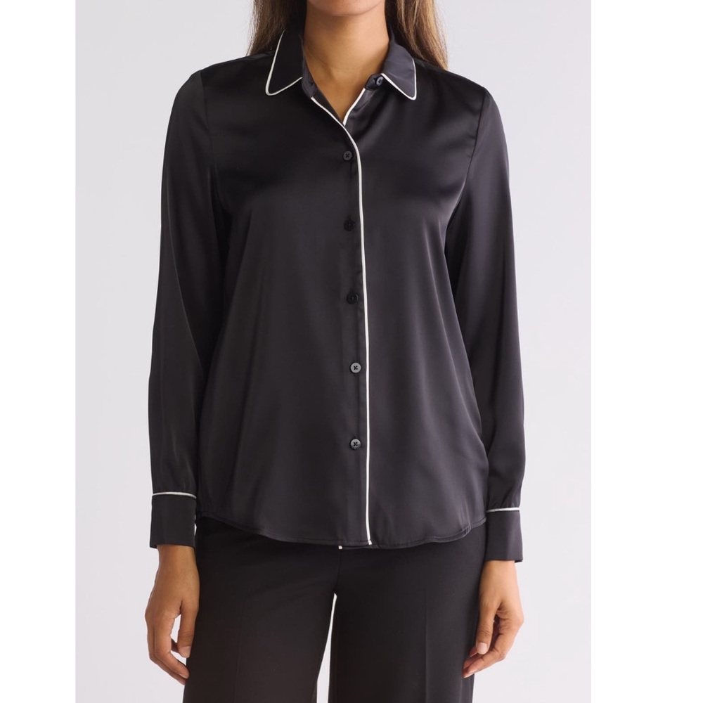 Vince Camuto Satin Piped Button-Up Shirt - Rich Black With White Piping -Reemoly
